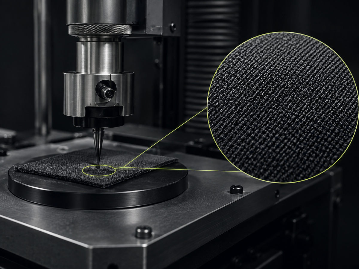 Illustrative Laborprüfung einer schwarzen Materialprobe mit Detailansicht der Textilstruktur