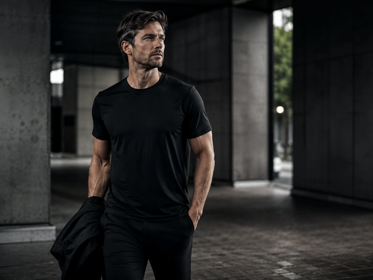 Mann trägt ein unauffälliges schwarzes Schutzshirt im Alltag